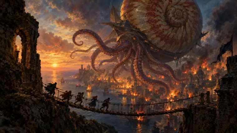 Painting: a colossal nautilus-shelled flying ship with tentacles looming over a burning coastal city at dusk, tiny adventurers fleeing across a rope bridge.