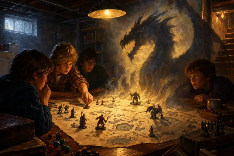Painting: lead miniature soldiers and a hand-drawn dungeon map in a 1970s Wisconsin basement, a dragon's shadow rising from the map.