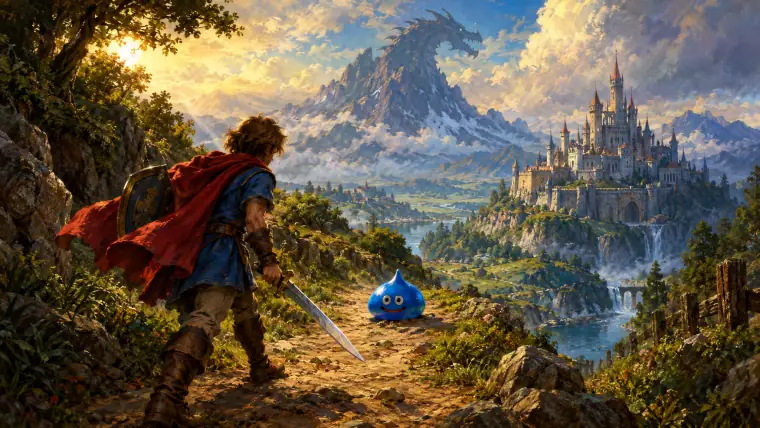 Painting: a young hero with a sword and shield on an overworld path, a small cute blue slime blocking the way, a castle and a dragon-shaped mountain far away.