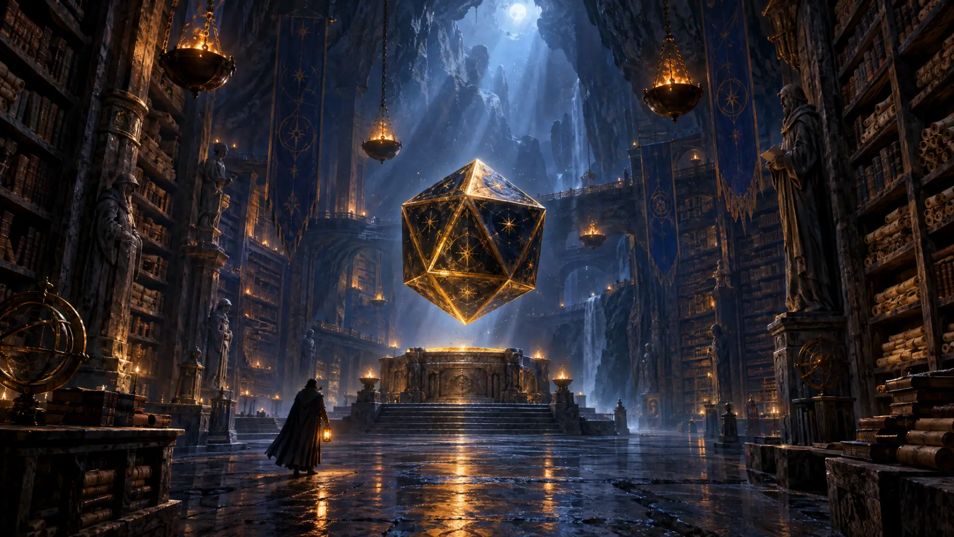 Painting: a vast subterranean museum hall carved into a mountain, lit by hanging braziers and moonlight.