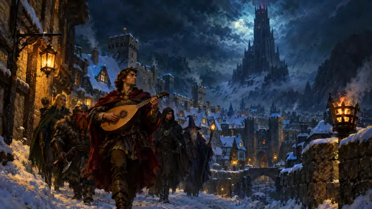 Painting: a bard playing a lute leads a small party of adventurers through the snowy, frozen streets of a walled medieval town at night.