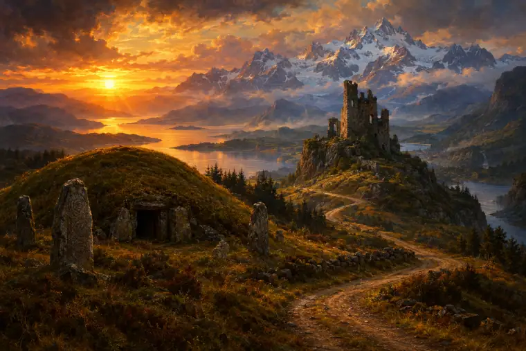 Painting: a long road winding from a Viking burial mound past a ruined tower to distant snowy mountains under a golden sunset.