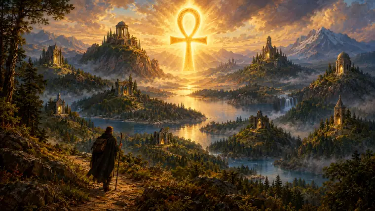 Painting: a glowing golden ankh rising over a medieval land of eight shrines on hills, lakes and forests, a lone pilgrim on the road, dawn light.